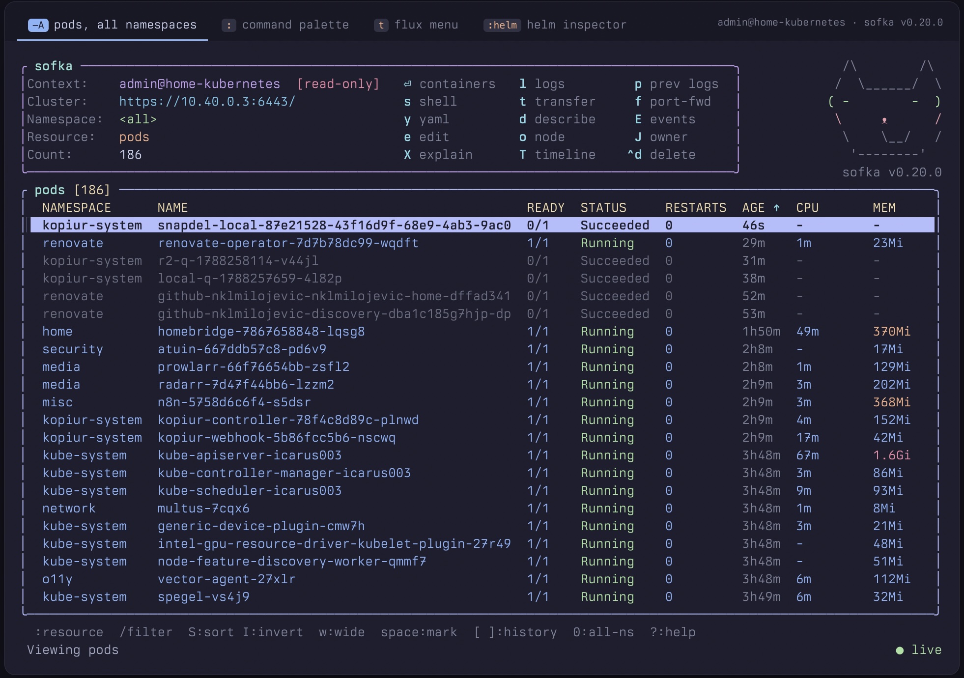 sofka showing a live table of pods across all namespaces, with status, restarts, age, CPU and memory columns and a keybinding menu above